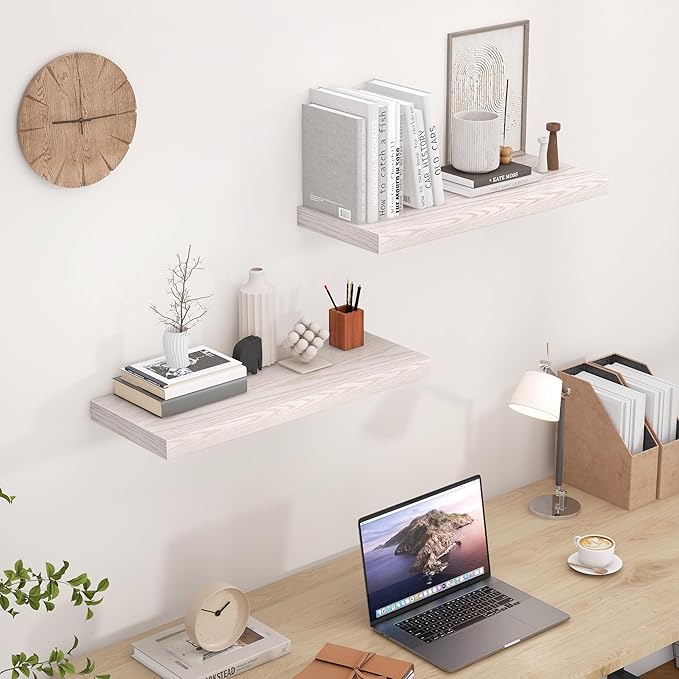 24 x 9 Floating Shelves, 9 Inch Deep Floating Shelf Wall Mounted, 24 Inch Bathroom Shelves Set of 2, Rustic Wood Wall Shelf for Bedroom, Living Room, Brich Color-Ruum Studio Home