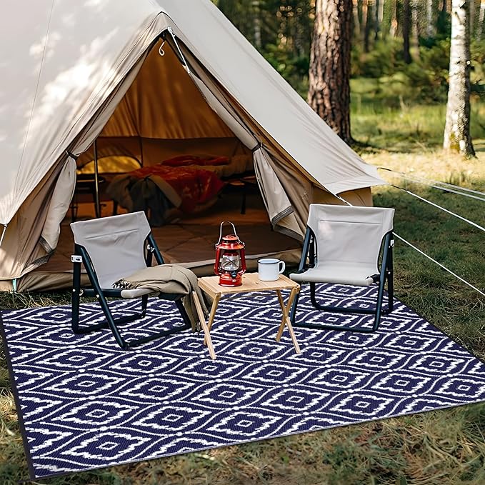 OLANLY Outdoor Rug 6x9 ft Waterproof, Outdoor Plastic Straw Rug with Geometric Pattern Clearance, Reversible RV Mat for Patio, Camping, Balcony, Deck, Backyard, Navy & White-Ruum Studio Home