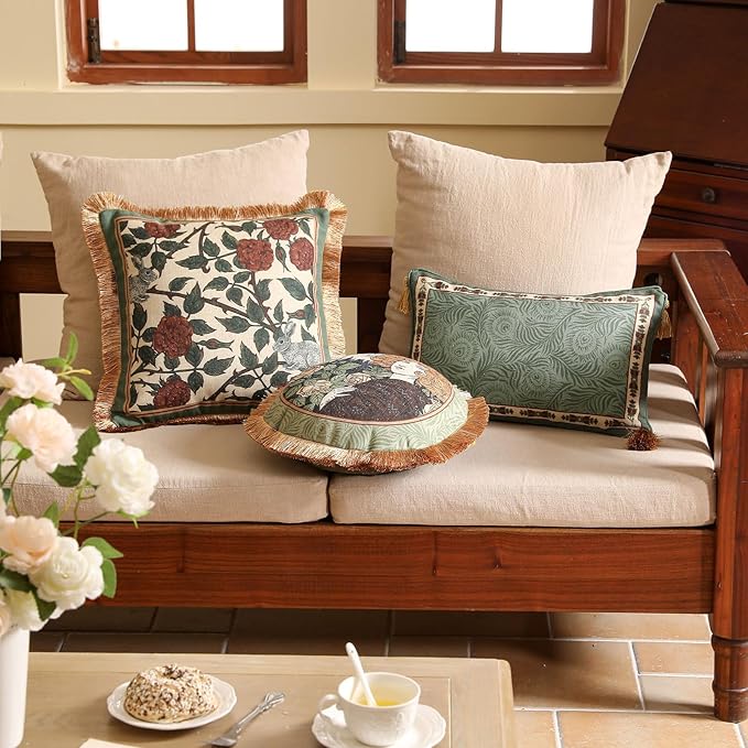 patdrea Designer Throw Pillow Covers Set of 4,French Elegant Green Linen with Rose Collection Pattern Pillow Covers,Decorative Lumbar Square Round Pillowcases Cushion for Bed Living Room Outdoor-Ruum Studio Home