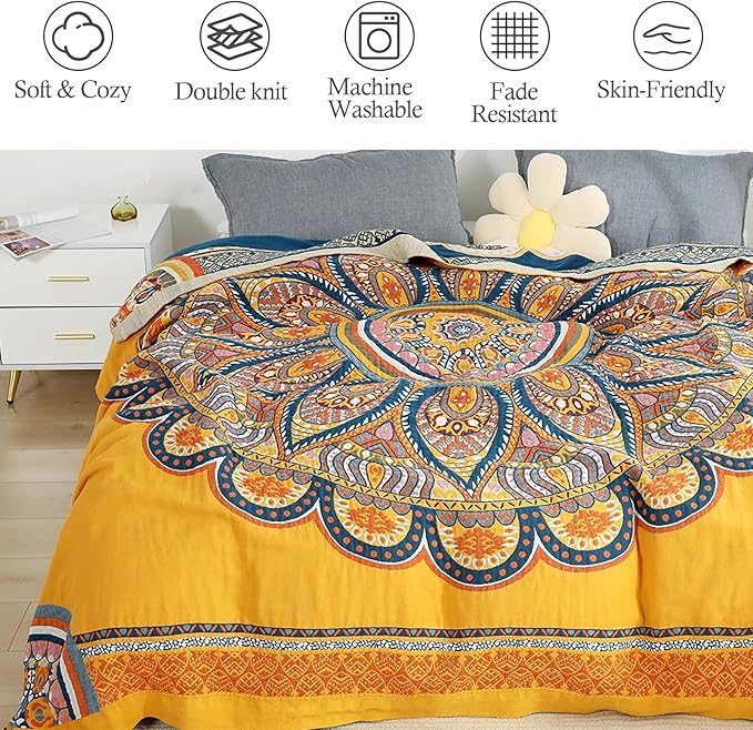 Snycler Boho 100% Cotton Throw Blanket, Decorative Muslin Boho Throw Blanket, Soft Cozy Colorful Bohemian Floral Reversible Blanket with Tassels for Chair Couch Bed Sofa Room Decor, 80x90 Inch-Ruum Studio Home