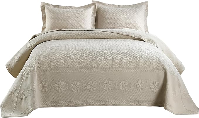 MarCielo 3-Piece 100% Cotton Oversized Bedspread Lightweight Quilt Coverlet Embroidery Farmhouse Bedding Set (TM Khaki Beige, Oversized Queen (100"x106"))-Ruum Studio Home