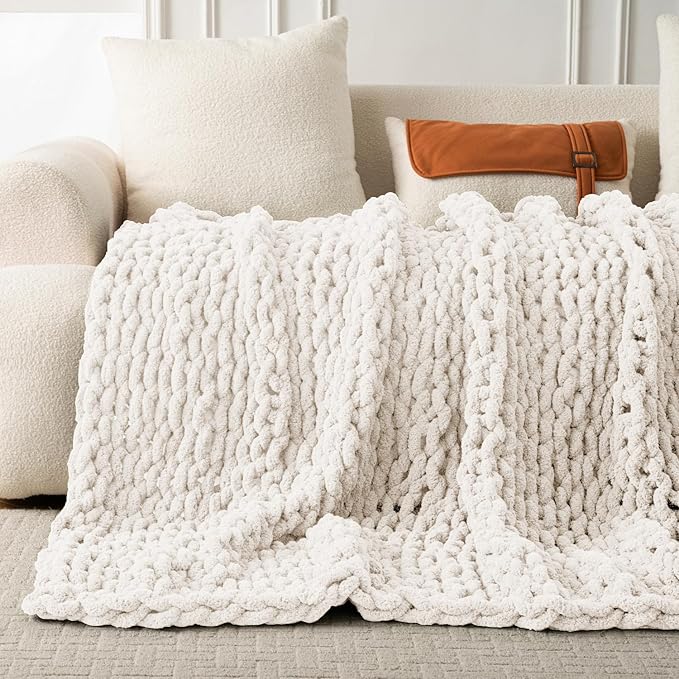 Ultra Soft Chunky Knit Blanket Throw -50x60 Hand Knitted Warm Chenille Throw Blanket, Home Decor Soft Thick Yarn Cable Knit Blanket Breathable Fleece Banket Christmas for Couch Bed Sofa Best GIF Gift-Ruum Studio Home