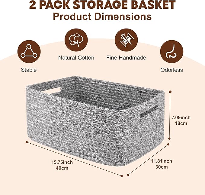 OIAHOMY Storage Basket for Shelves, Closet Cube Storage Bins Baskets for Clothes Blanket Towels, Baby Nursery, Toy Baskets Box, Woven Rope Basket, 15.75*11.81*7.09 IN, 2 Packs Grey-Ruum Studio Home