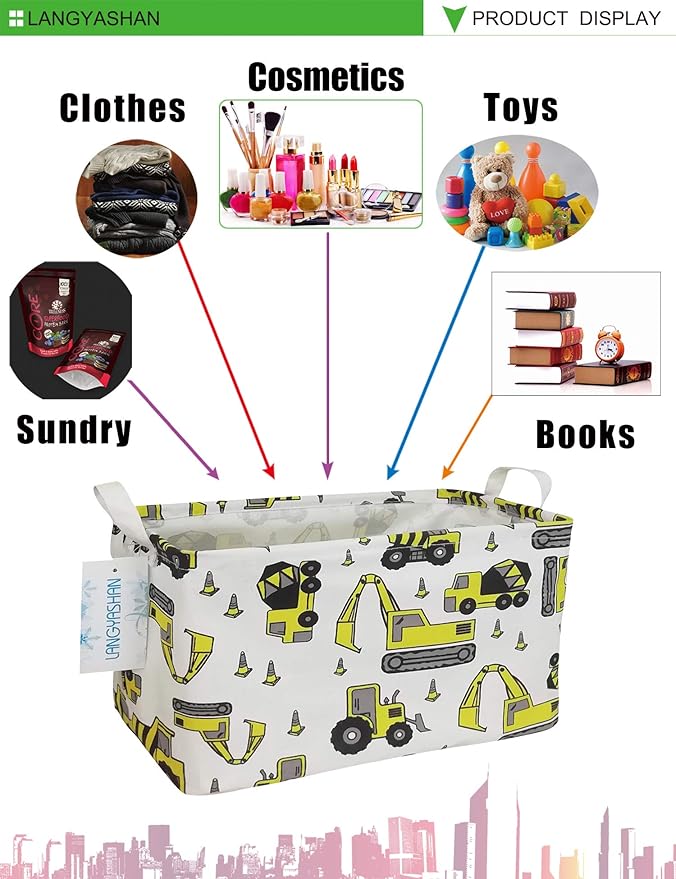 LANGYASHAN Rectangular Storage Bin Collapse Canvas Fabric Cartoon Storage Basket with Handles for Organizing Home Kitchen Boys and Girls Toys Office Closet Shelf Baskets (Rec Engineering Vehicle)-Ruum Studio Home