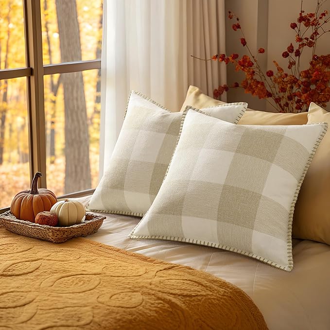 decorUhome Buffalo Plaid Check Fall Throw Pillow Covers 16x16 Set of 2, Outdoor Decorative Farmhouse Pillow Covers with Stitched Edge for Bed Couch Sofa, Cream White and Beige-Ruum Studio Home