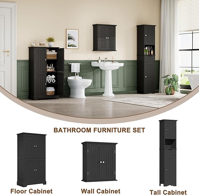ChooChoo Bathroom Floor Cabinet, Modern Bathroom Storage Cabinet with 4 Doors and Adjustable Shelves, Freestanding Cupboard for Living Room, Black-Ruum Studio Home