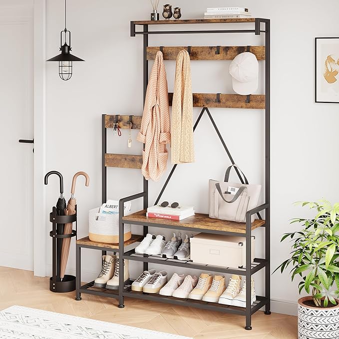 IDEALHOUSE Hall Tree with Bench and Shoe Storage Parent-Child Coat Rack Shoe Bench Industrial Coat Tree Entryway Large Organizer with Shoe Rack, Storage Cubbies, Hooks, and Top Shelf-Ruum Studio Home