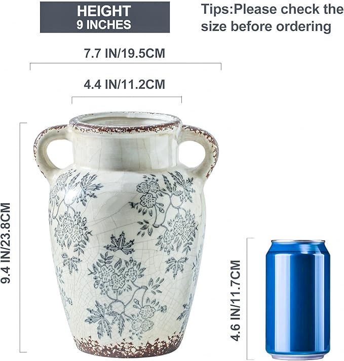 Enra Vintage vase with Handle,9.4 inch Blue and White Ceramic Decorative Flower vase, Chinoiserie Floral Vase,Large Rustic Vases for Home Decors, Living Room, Bookshelf, Office-Ruum Studio Home