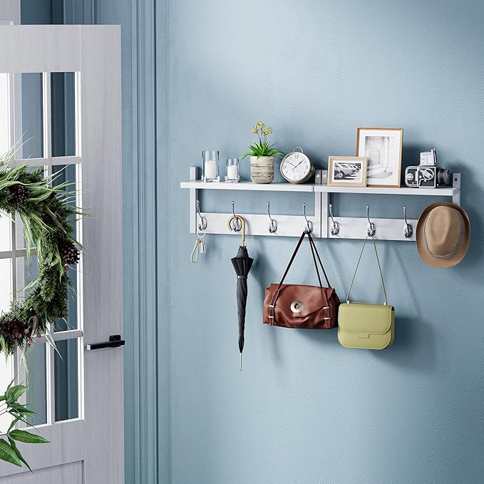 2 Pack Coat Rack Wall Mount, Bamboo Coat Hook with Storage Shelf, Coat Hanger with 8 Dual Hooks, Wall Floating Shelf for Entryway Hallway Kitchen, Bathroom, Bedroom (White+Slive)-Ruum Studio Home