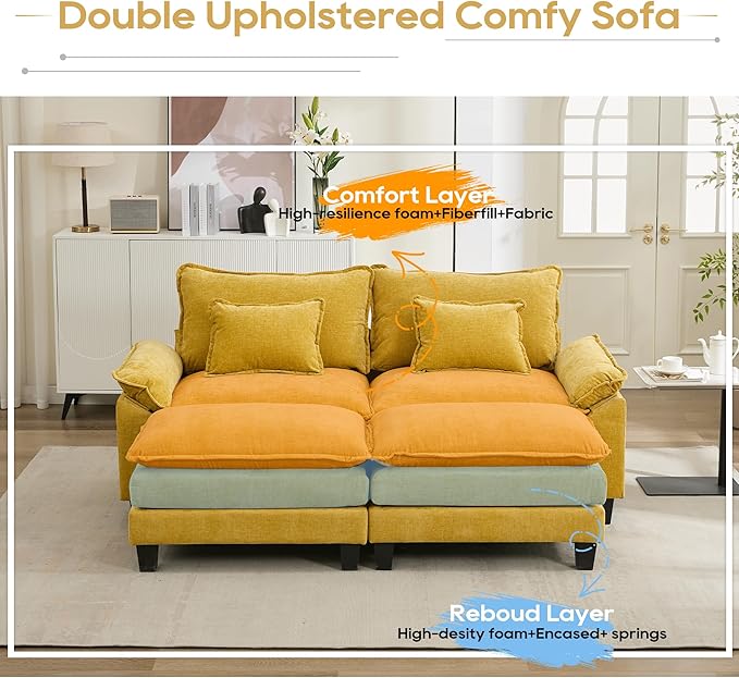 URRED Modular Sectional Sofa Comfy Cloud Couch, Modern Chenille Sofa Sleeper Deep Seat Couches with Ottoman/Pillows for Living Room (Yellow, 82.6''- 2 Ottomans)-Ruum Studio Home