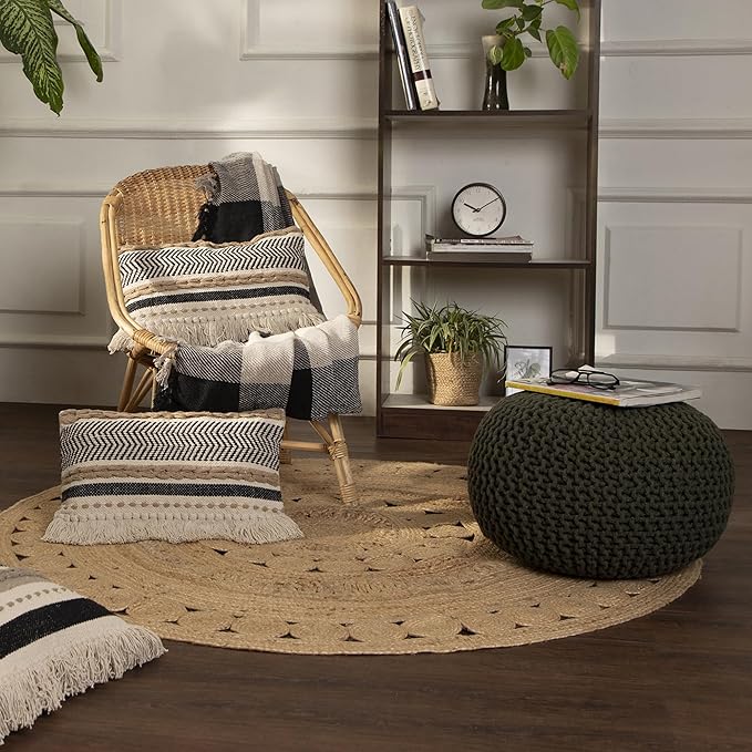 REDEARTH Round Hand Knitted Pouf - Foot Stool Bean Bag Ottoman - Cord Boho Pouffe - Poof Accent Beanbag Footrest for Living Room - Bedroom - Patio - Lounge (19.5"x19.5"x14") - Olive-Ruum Studio Home