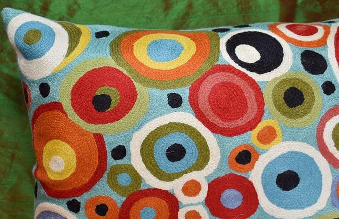 Lumbar Polka Dots Pillow Cover Turquoise Contemporary Decorative Pillowcase Blue Modern Outdoor Chair Cushion Couch Boho Cushions Hand Embroidered Cushions Wool Size - 14x20-Ruum Studio Home
