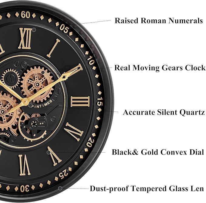 CLXEAST 24 Inch Wall Clock with Moving Gears, Black Gold Roman Numeral Wall Clocks for Modern Farmhouse Living Room Decor,House Warming Gifts New Home-Ruum Studio Home