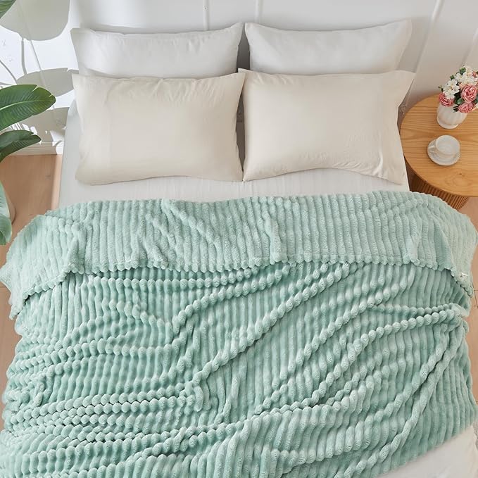 NEWCOSPLAY Super Soft King Blanket New Sage Green Premium Silky Flannel Fleece 3D Ribbed Jacquard Lightweight Bed Blanket All Season Use (New Sage Green Ribbed, King(90"x110"))-Ruum Studio Home