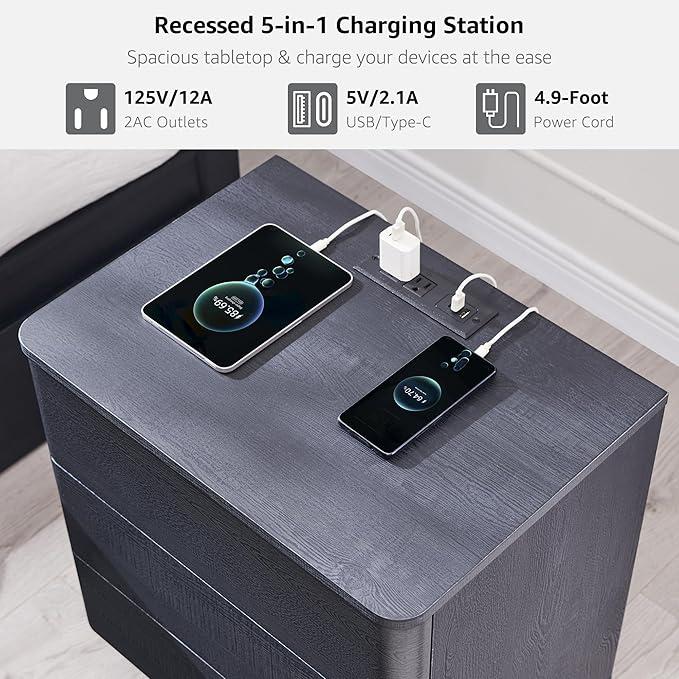 JXQTLINGMU 22" Modern Nightstand Set of 2 with Charging Station, Large Push-to-Open End Table, Wood Bedside Table, Curved Profile, Handleless 3 Drawer Night Stand for Bedroom, Living Room, Black-Ruum Studio Home