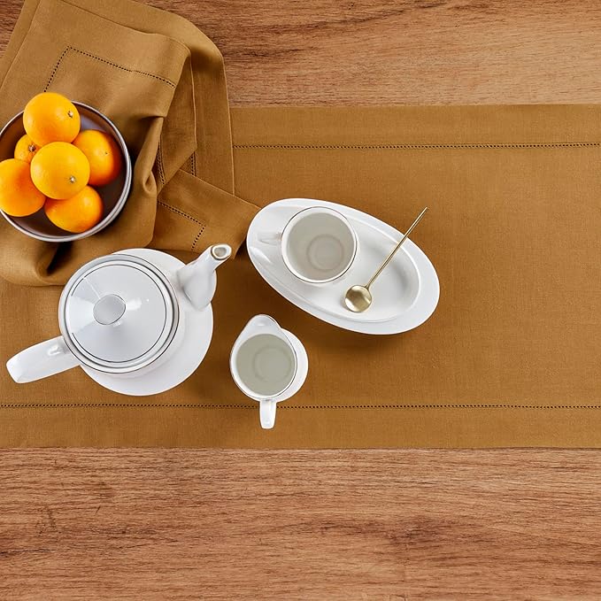 Solino Home Linen Brown Sugar Table Runner 72 Inches Long - 100% Pure Linen Hemstitch Table Runner 14 x 72 Inch for Dresser, Dining, Fall, Autumn, Halloween, Thanksgiving - Classic Hemstitch-Ruum Studio Home