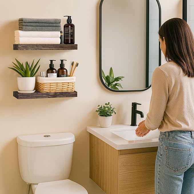 BGMG Floating Shelves 16 inch Long, Distressed,Wide Rustic Wooden Wall Shelves for Bathroom Living Room Bedroom Kitchen Farmhouse Set of 2-16x6.7x1.25 inch-Distressed Walnut-Ruum Studio Home