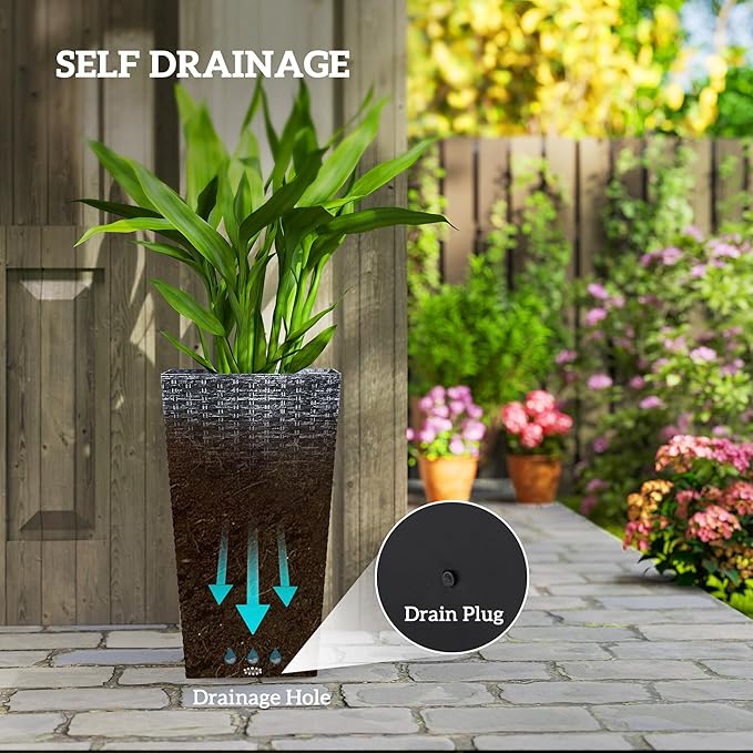 Outsunny Tall Planters for Outdoor Plants Set of 3, 24 in Taper Planters with Drainage Holes, Rattan Decor Plant Pots for Indoor Outdoor Front Porch Patio Backyard, Gray-Ruum Studio Home