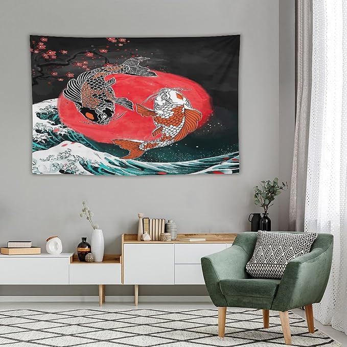 Houselerax Koi Fish Tapestries,Japanese Style Yin Yang Big Wave Cherry Blossoms Tapestry Wall Hanging for Bedroom Living Room Office Decor 90"x60"-Ruum Studio Home