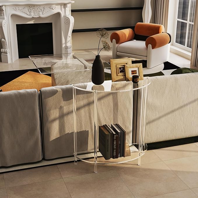 Acrylic Console Table, Half Moon, 29.5" Small Entryway Table, Clear Entry Table for Sofa, Foyer, Hallway, Living Room, Easy Assembly, 2 Tier, 11.8" D x 31.5" H-Ruum Studio Home