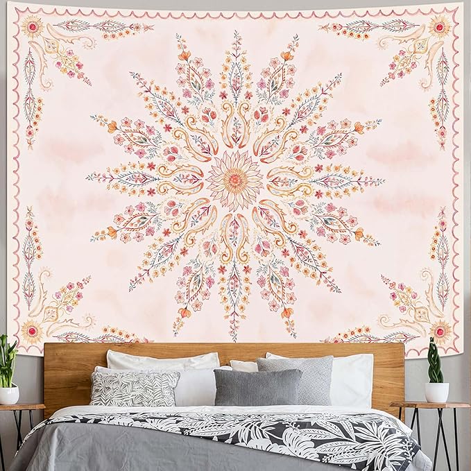 Fowocu Boho Floral Mandala Tapestry for Bedroom Aesthetic Pink Bohemian Flower Wall Tapestry Watercolor Hippie Indian Large Tapestries Wall Hanging for Living Room Dorm Decor 80 x 60 Inch-Ruum Studio Home