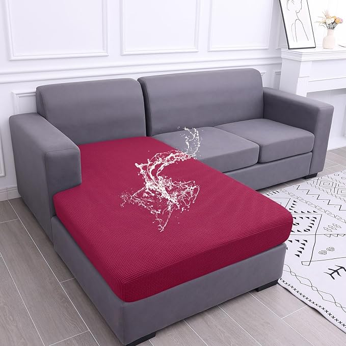 hyha Waterproof Sectional Couch Covers, Non Slip Sofa Couch Cushion Covers L Shape, Thick Stretch Jacquard Fabric, Washable Sofa Slipcovers with Elastic Bottom (1 Piece for Chaise XL, Wine Red)-Ruum Studio Home