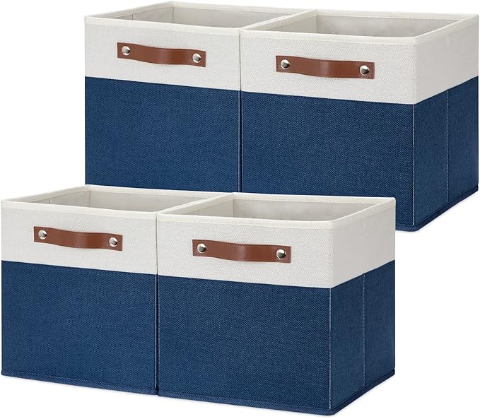 HNZIGE Cube Storage Bins Basket for Shelves Set of 4, Fabric Storage Cubes Baskets Closet Storage Bins for Cube with Handles, Cubby Storage Bins Baskets for Organizing Home and Office (White Blue)-Ruum Studio Home