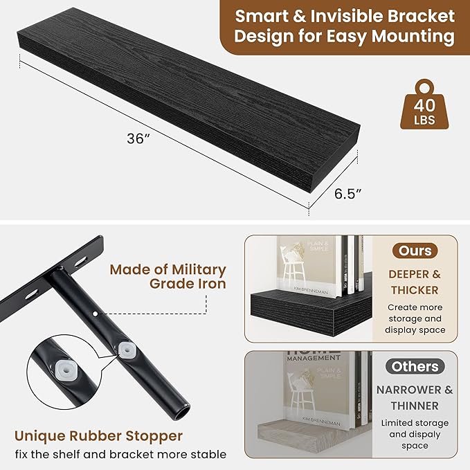 fuqing Floating Shelves for Wall, Bathroom Shelf Wall Mounted for Storage, Shelves with Invisible Bracket for Bedroom, Kitchen, Living Room, Farmhouse Small Book Shelf, 36 Inch Set of 2, Black-Ruum Studio Home