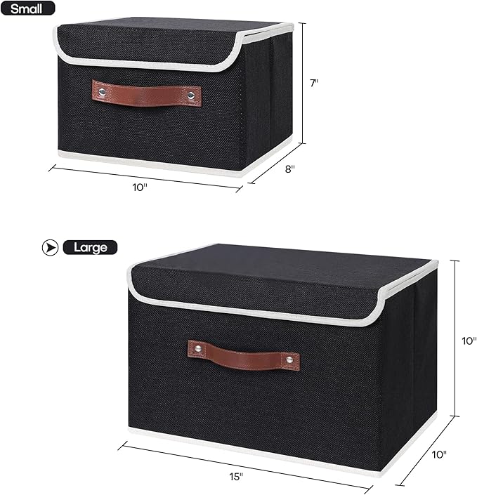 ANMINY Storage Bin with Lid Storage Boxes with PU Leather Handles PP Plastic Board Decorative Foldable Lidded Cotton Linen Fabric Home Cubes Baskets Closet Organizer Container - Black, Large Size-Ruum Studio Home