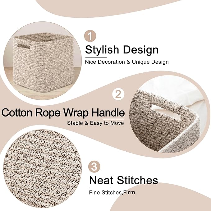 OIAHOMY Storage Cubes 11 Inch Storage Bins-3-Pack, Cotton Rope Woven Baskets for Organizing, Square Storage Baskets for Shelves Organizer, Classroom, Kids Toy Bins, Closet, Baby Nursery-Brown-Ruum Studio Home