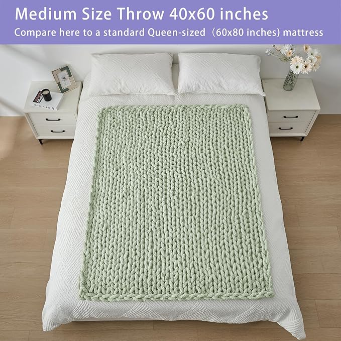 Bigacogo Chunky Knit Throw Blanket for Couch, 40x60 inches, 100% Hand Knitted with Thick Jumbo Chenille Yarn, Cozy Soft Large Rope Knot Cable Crochet Blankets for Sofa Bed Living Room, Sage Green-Ruum Studio Home