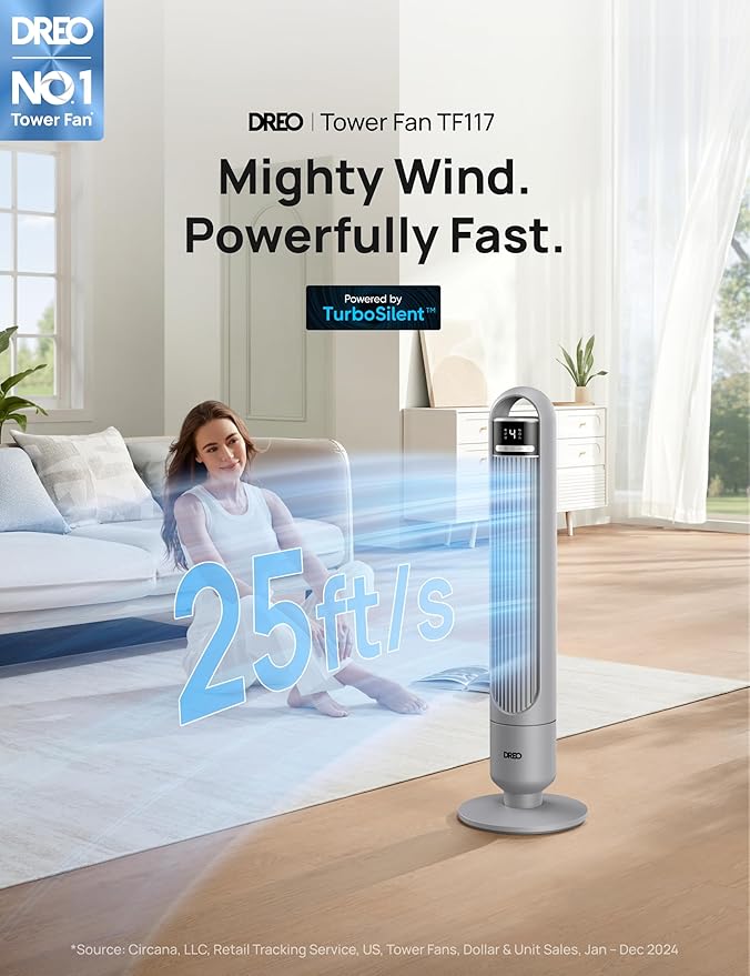 Dreo Tower Fan for Bedroom, 90° Oscillating Fan, Standing Fan with 3 Modes, 4 Speeds, 8H Timer Cooling Fans for Home, Living Room, Office, Grey, TF117-Ruum Studio Home