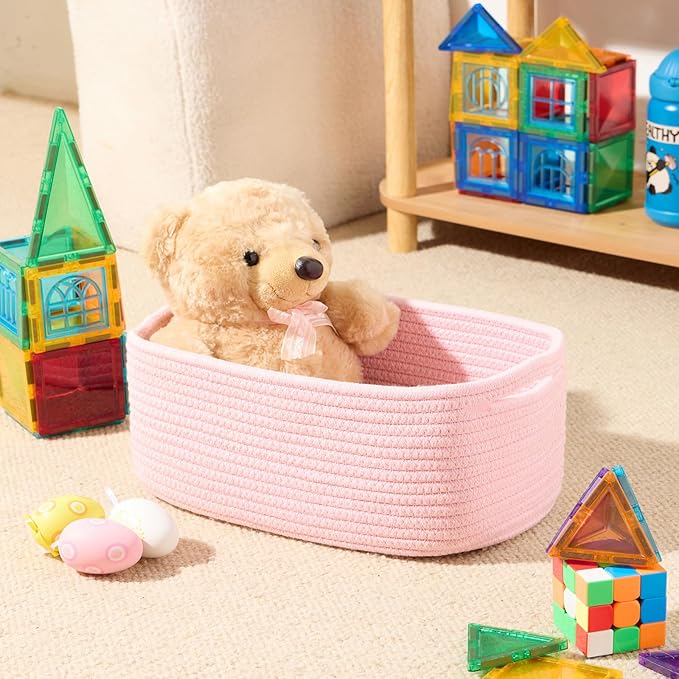 Small Storage Baskets for Organizing | Closet Organizer Bins | Shelf Toy Basket | Woven Rope Baskets | Cube Decorative Box | Shallow Basket | 13x8.5x5.1” | 4 Packs Light Pink-Ruum Studio Home