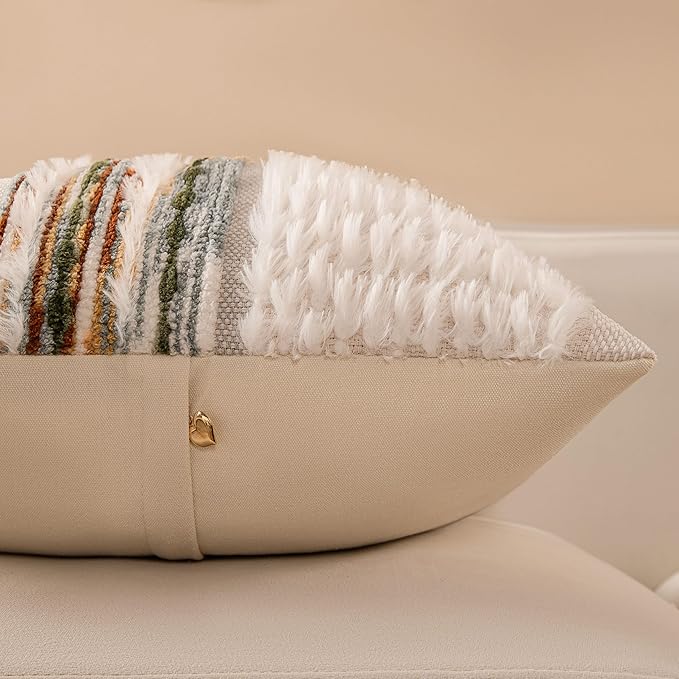 Boho Chenille Tufted Couch Throw Pillow Covers 18x18 Inch Set of 2 Farmhouse Striped Decorative Pillow Covers Accent Neutral Pillowcase Forest Cushion Cover for Living Room Sofa Bed-Ruum Studio Home