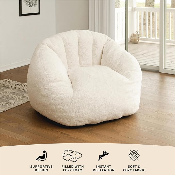 Big Joe Cloudberry Foam-Filled Structured Bean Bag Chair, Icing Teddy Boucle-Ruum Studio Home