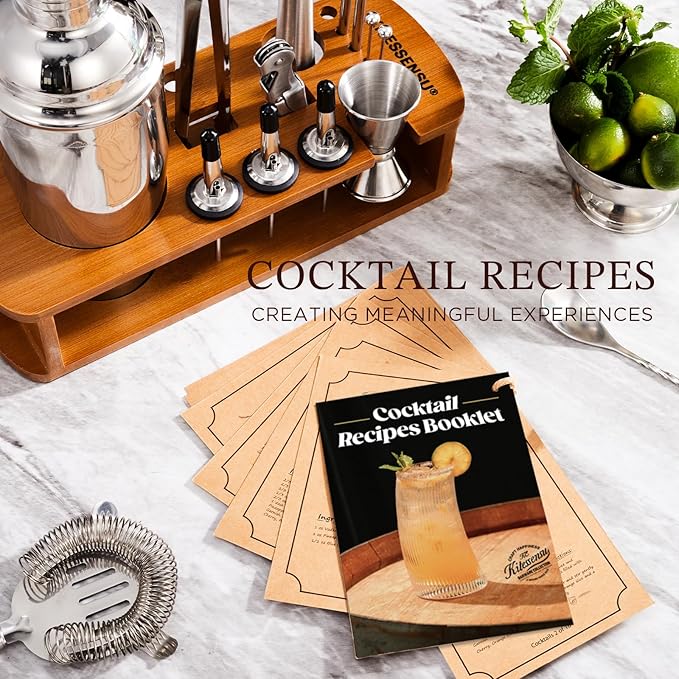 KITESSENSU Cocktail Shaker Set Bartender Kit with Stand | Bar Set Drink Mixer Set with All Essential Accessory Tools: Martini Shaker, Jigger, Strainer, Mixer Spoon, Muddler, Liquor Pourers |Silver-Ruum Studio Home