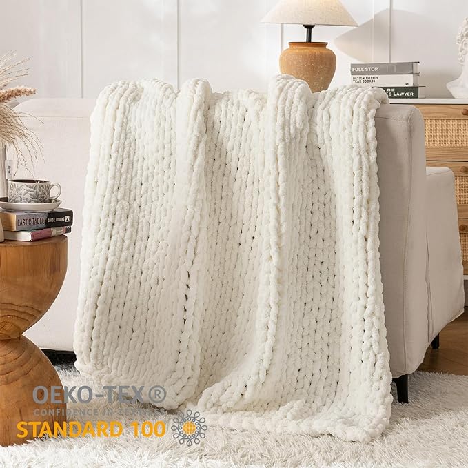 Chunky Knit Blanket Throw, 100% Hand Knit Throw Blanket Handmade Chenille Cable Knit Throw for Couch, Stylish Cozy Soft Rope Knot Crochet Blanket for Home Decor, Ivory, 60x80 Inches-Ruum Studio Home