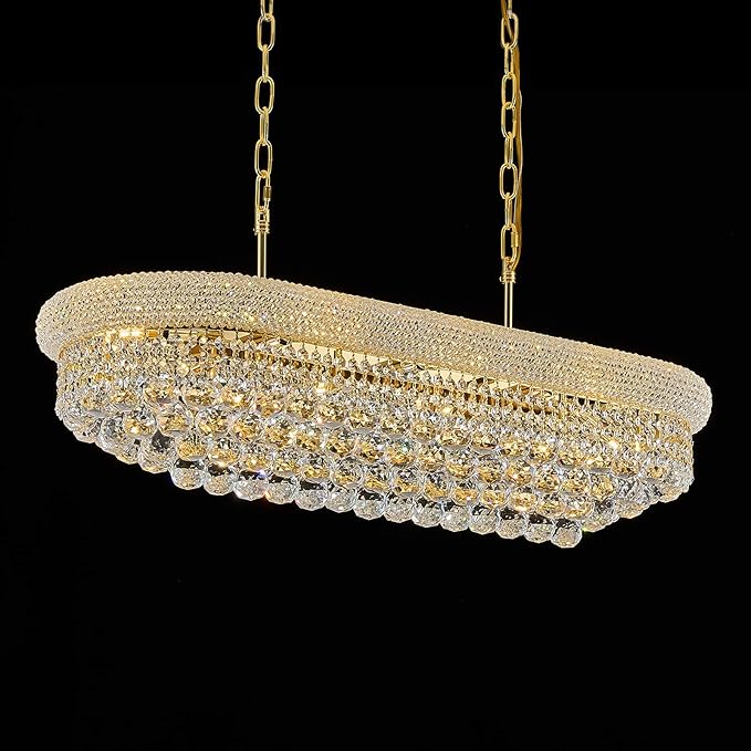 Rectangular Crystal Chandeliers for Dining Room,10 Lights Adjustable Height Oval Crystal Ceiling Light Fixture for Kitchen Island, Gold Finish, L36''-Ruum Studio Home