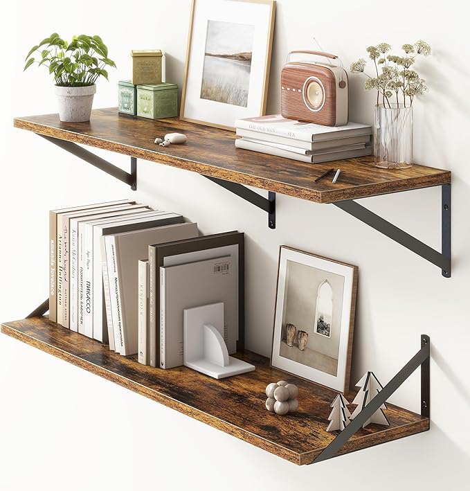 36"W x 10"D Floating Shelves, 10 Inch Deep Floating Shelves, Farmhouse Rustic Deep Wall Shelves for Home Decor, Wide Large Floating Shelf for Bathroom, Living Room, Kitchen, Study Room, Rustic Brown-Ruum Studio Home