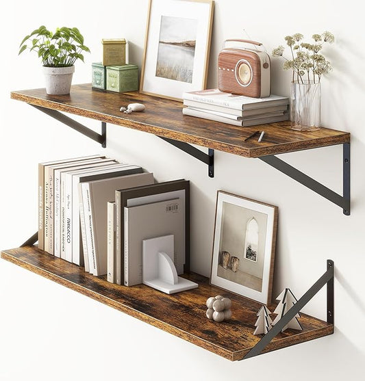 36"W x 10"D Floating Shelves, 10 Inch Deep Floating Shelves, Farmhouse Rustic Deep Wall Shelves for Home Decor, Wide Large Floating Shelf for Bathroom, Living Room, Kitchen, Study Room, Rustic Brown-Ruum Studio Home