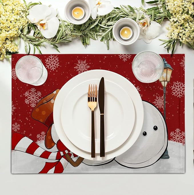 Red Snowman Snowflake Christmas Placemats Set of 4 Seasonal Winter Linen Table Mats 12x18 Inch Xmas Holiday Snow Farmhouse Rustic Washable Place Mat for Party Kitchen Dining Outdoor Indoor Decor-Ruum Studio Home