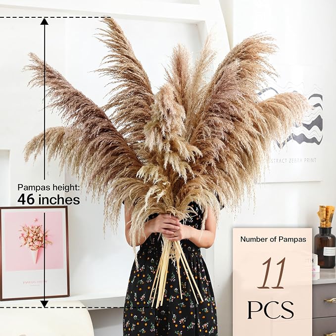 46" inch 11 Stems Natural Pampas Grass Tall Decor,Pompas Grass,Large Borwn Tall Pampas Grass for Floor Vase,Wedding Decorations,Party,Boho Home Decor,and Creating a Boho Ambiance-Ruum Studio Home
