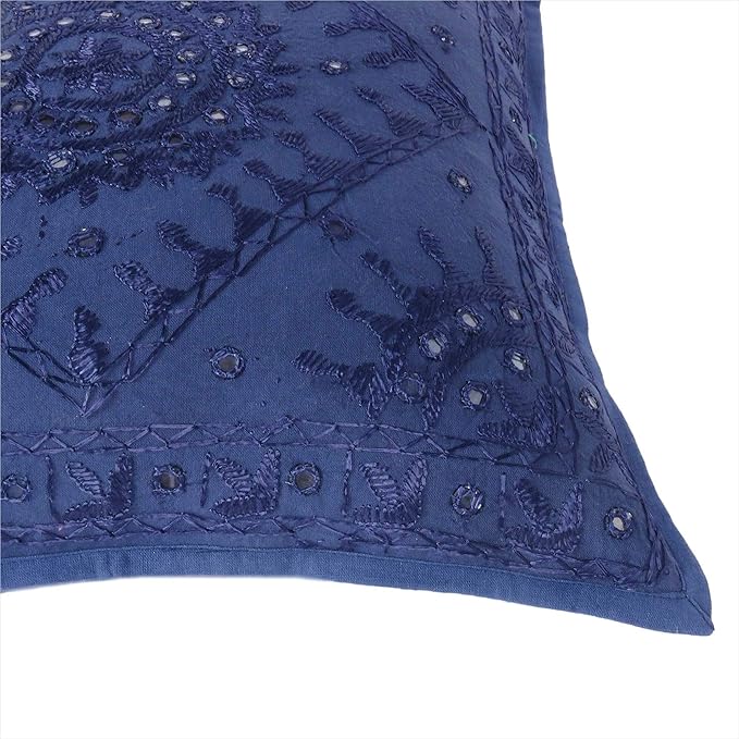 Eyes of India Embroidered Decorative Boho Throw Pillow Cover with Mirrors, Handmade Bohemian Accent Cushion Case for Sofa Couch Bedroom Living Room (Blue, 24" x 24")-Ruum Studio Home