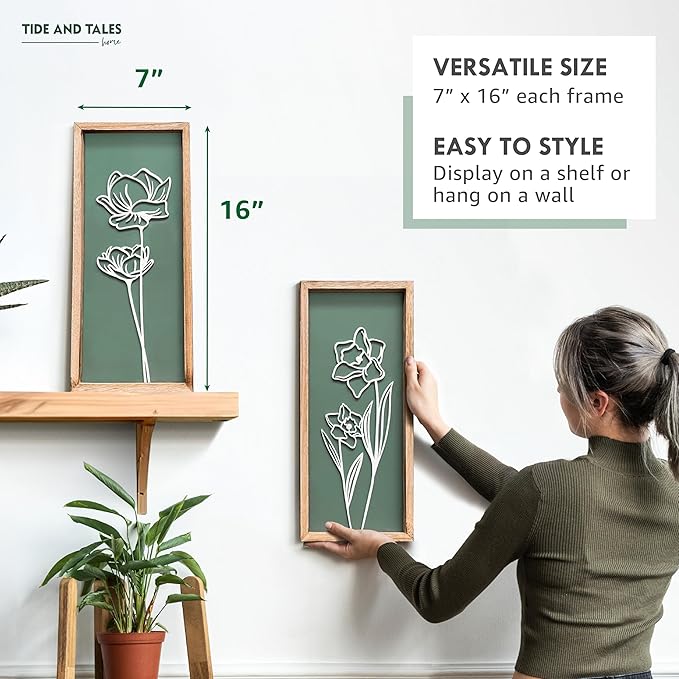 3D Floral Green Wall Art (Set of 2) Lightweight, Wooden Ready-to-Hang Boho Framed Wall Art for Bathroom, Bedroom, Living Room or Office – Premium Sage Green Farmhouse Decor – Gift-Boxed-Ruum Studio Home