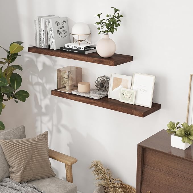 40 Inch Floating Shelvese, 40" W x 9" D Floating Shelf Set of 2, Farmhouse Wood Wall Shelves for Bedroom, Kitchen, Wall Mounted Deep Shelving for Home Decor, Walnut Color-Ruum Studio Home