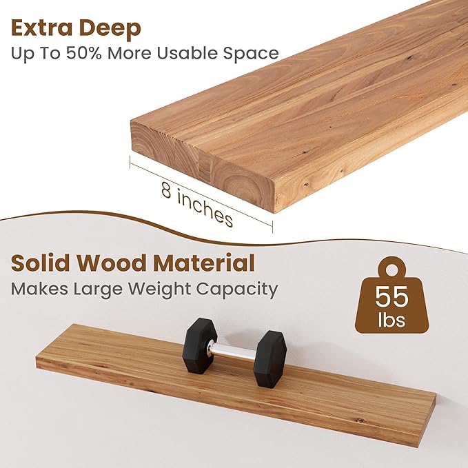Floating Shelves for Wall Decor, 8" Deep Rustic Solid Elm Wood Floating Shelves Wall Mounted, Wall Shelves with Invisible Bracket for Living Room Bathroom Bedroom Kitchen, 40 Inch Set of 1, Natural-Ruum Studio Home