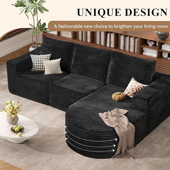 Modular Sectional Sofa with L-Shape Chaise,Cloud Sectional Modern Sleeper Couch with Deep Seat,Sponge Compression Sofas No Assembly Required (Black-Sherpa Fabric) 1PCS-Ruum Studio Home