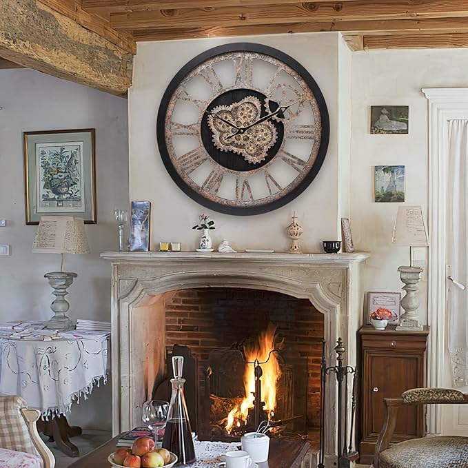 HOIBAI Large Wall Clock, Wall Clocks for Living Room Decor 20 Inch Farmhouse Vintage Rustic Kitchen Wall Decor Vintage Roman Oversized Wall Clock for Home Bedroom House Office, Moving Gears Clock-Ruum Studio Home