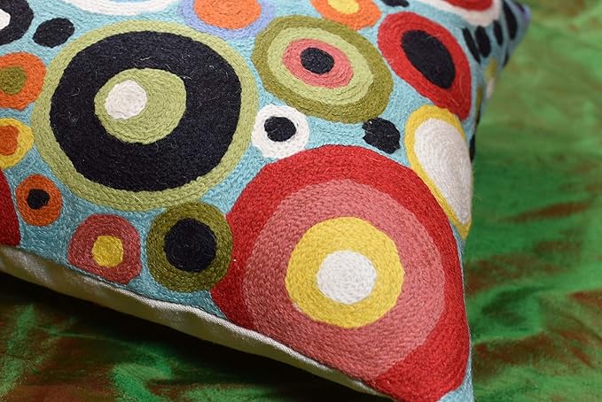 Lumbar Polka Dots Pillow Cover Turquoise Contemporary Decorative Pillowcase Blue Modern Outdoor Chair Cushion Couch Boho Cushions Hand Embroidered Cushions Wool Size - 14x20-Ruum Studio Home