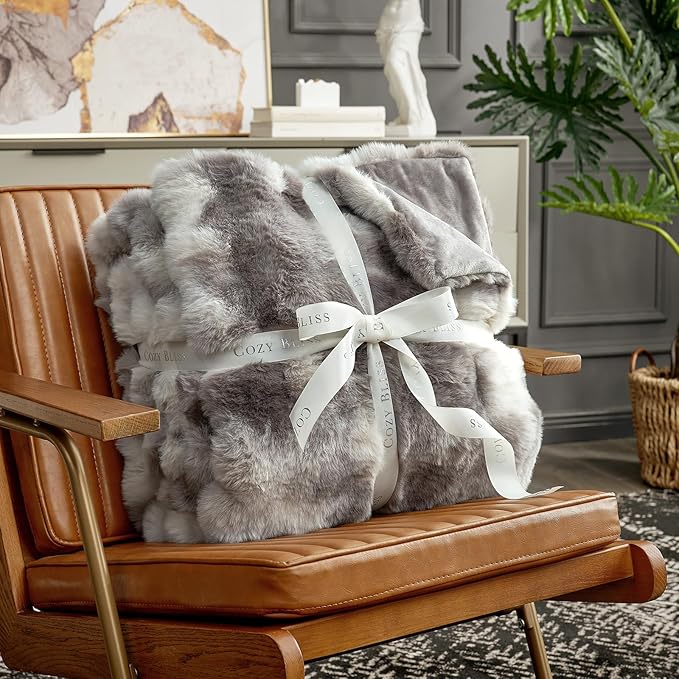 Cozy Bliss Faux Fur Throw Blanket for Couch, Fuzzy Soft Plush Thick Bubble Blanket for Sofa Bedroom Living Room, 60 * 80 Inches Tie-dye Taupe-Ruum Studio Home